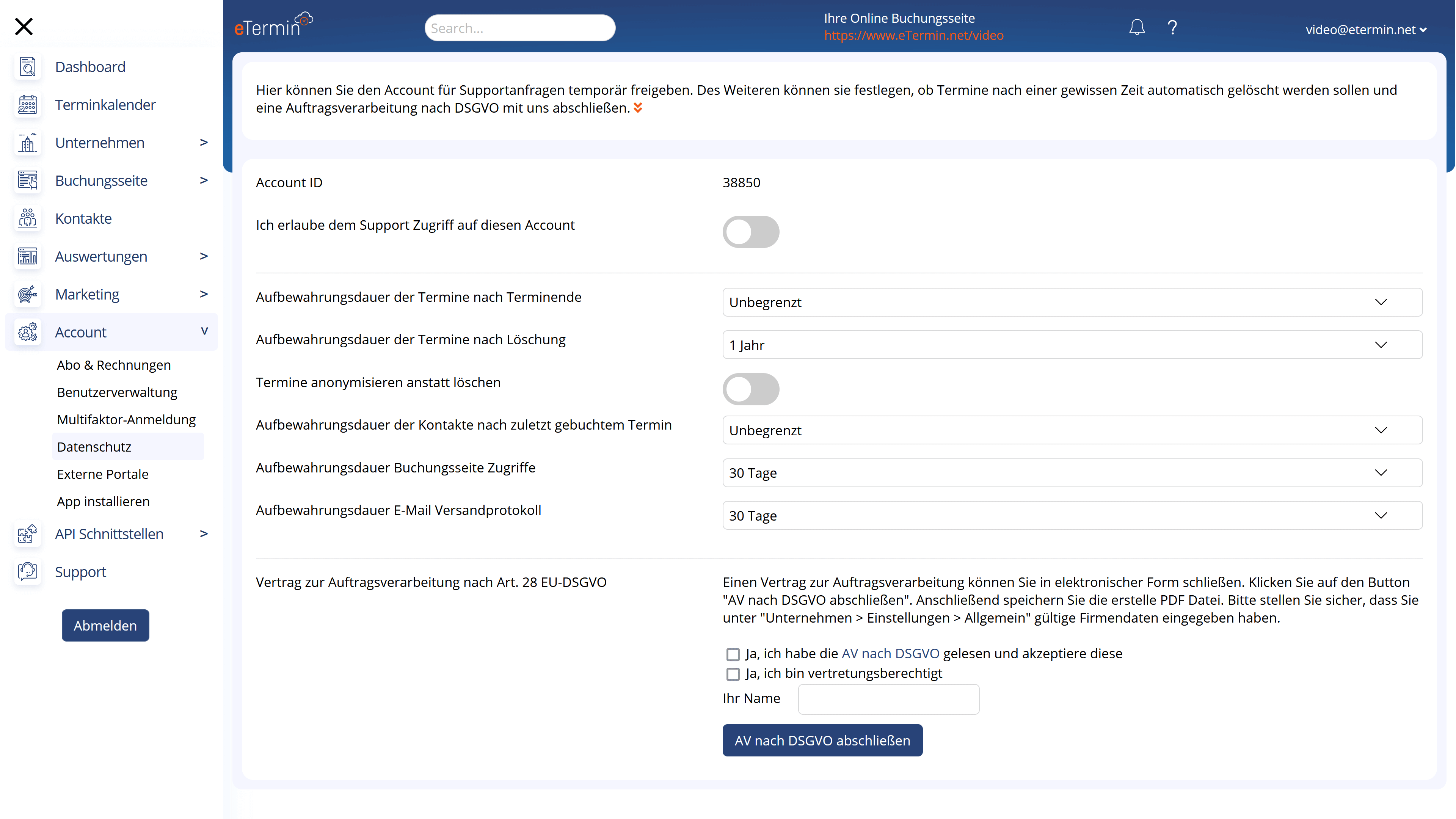 Online Terminplaner und Terminbuchung - EU-DSGVO konformer Datenschutz - Einstellungen