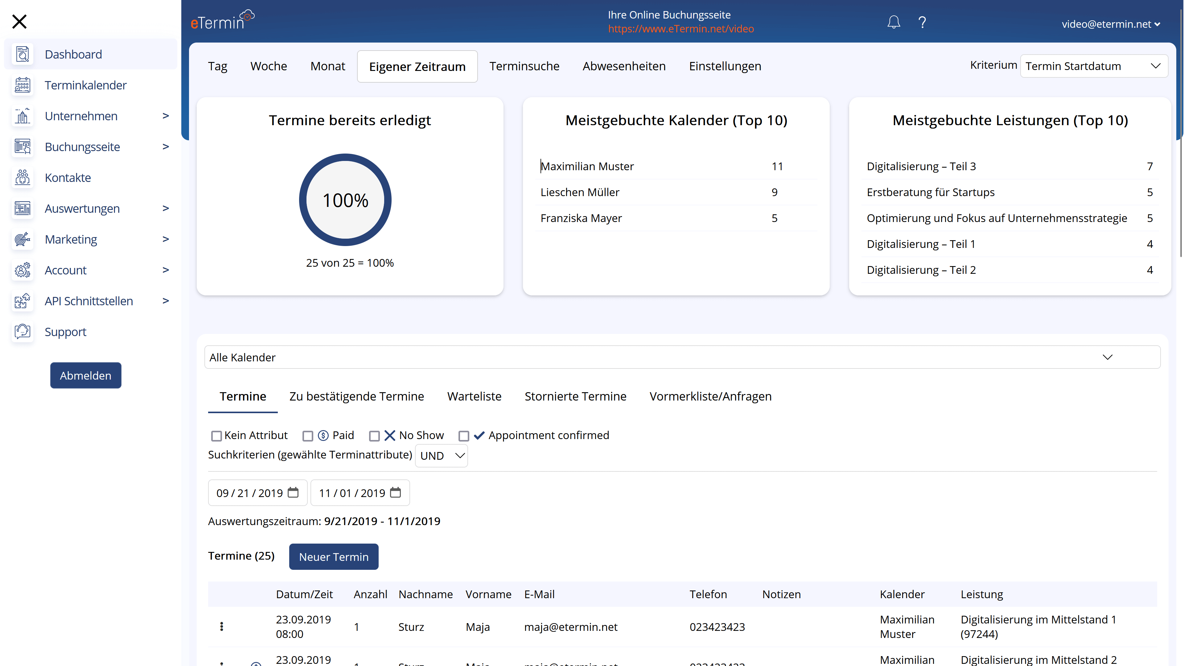 Dashboard Online Terminplaner