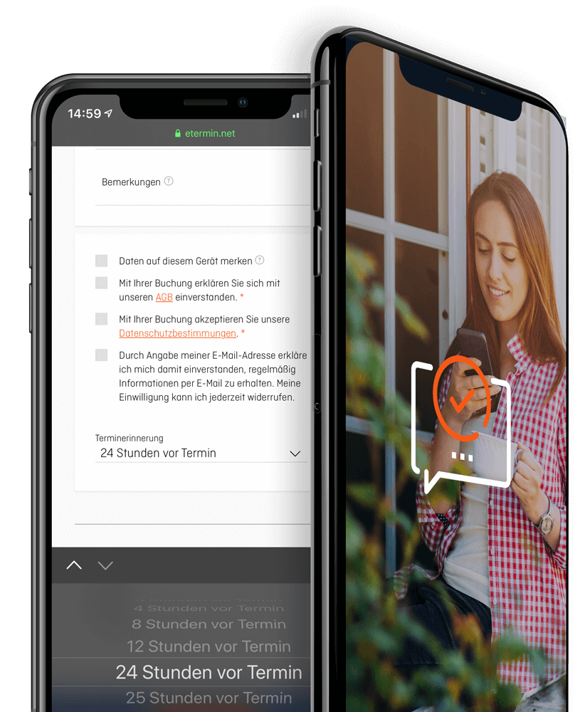 Weniger Ausfälle durch vollautomatische Terminbestätigungen und Erinnerungen per E-Mail, SMS oder Postkarte - mit der Online Terminbuchung von eTermin