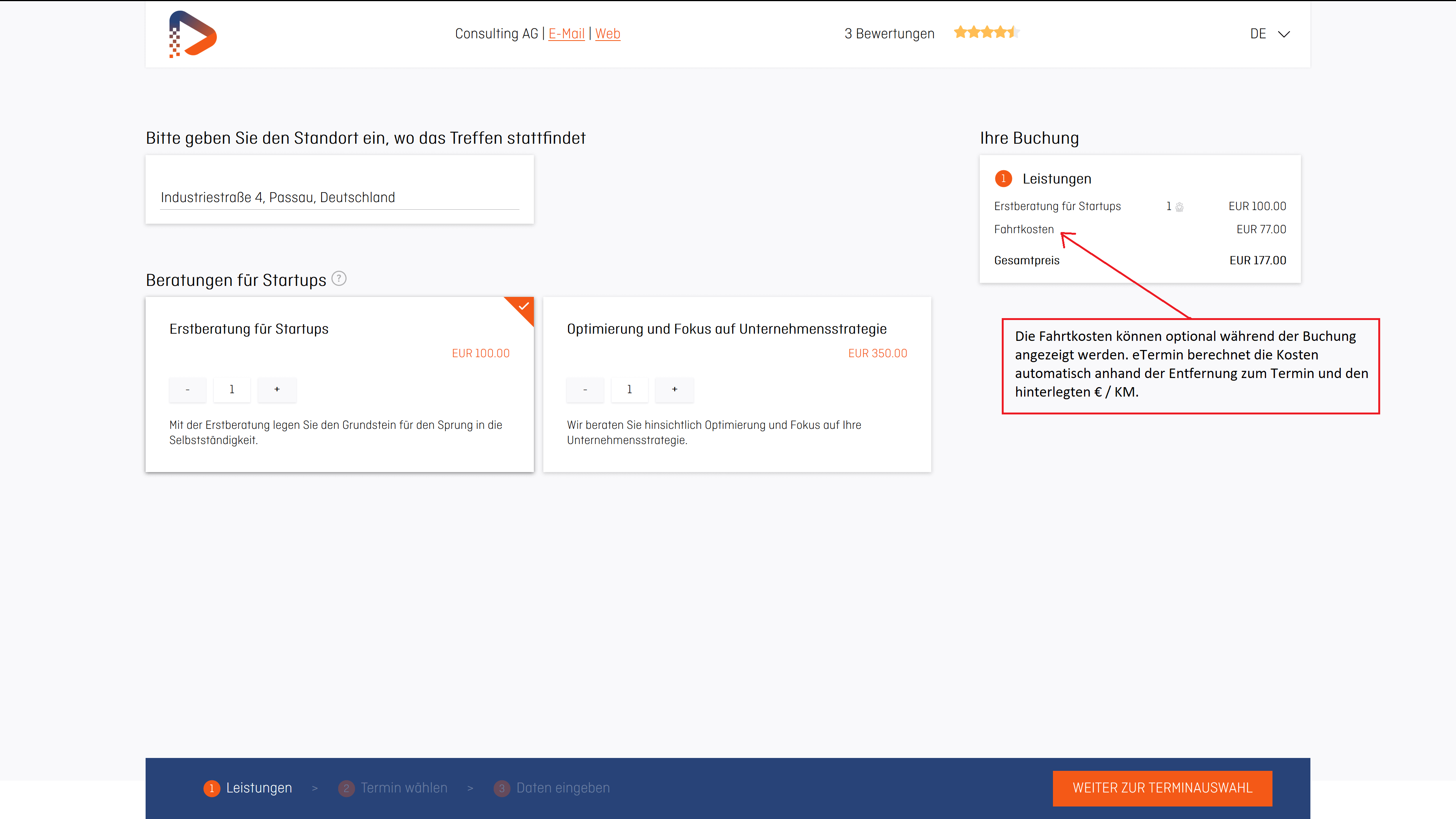 Online Terminplaner und Terminbuchung Fahrtkostenberechnung