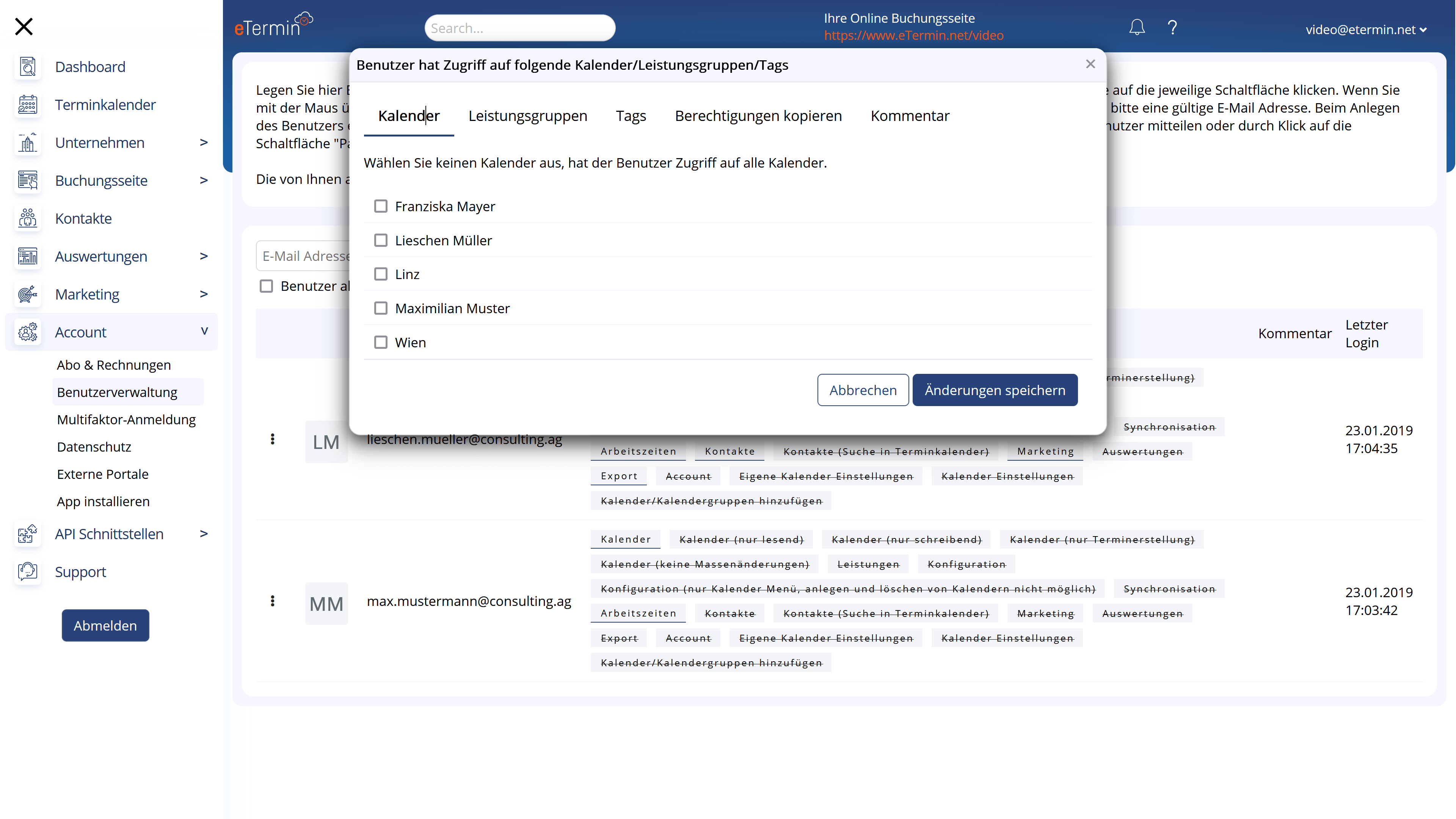 Online Terminplaner und Terminbuchung - Benutzerverwaltung und Terminkalenderzuordnung