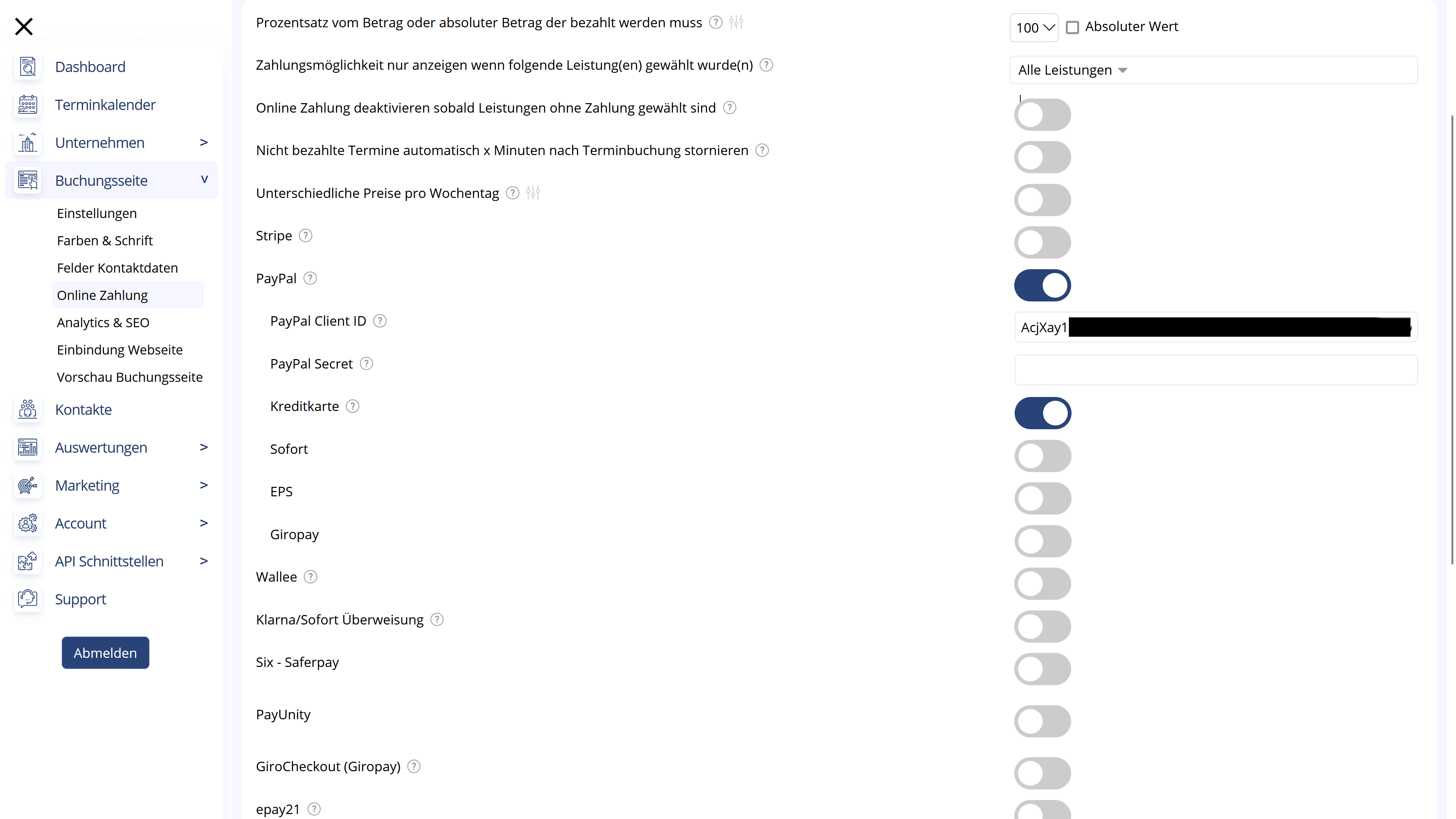 Einstellungen für Bezahlung bei Online Terminbuchung