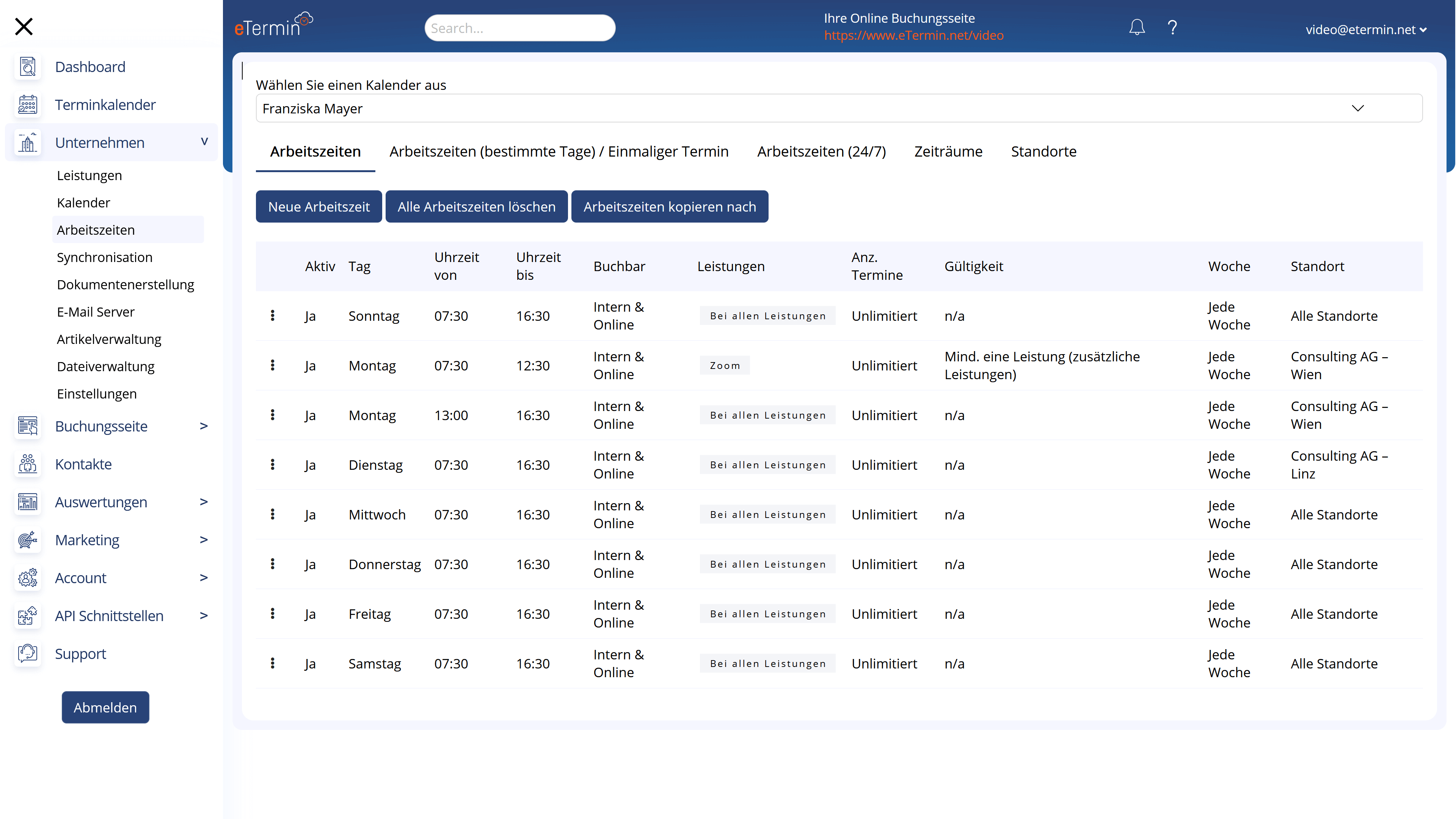 Arbeitszeiten und zu buchende Leistungen je Ressource